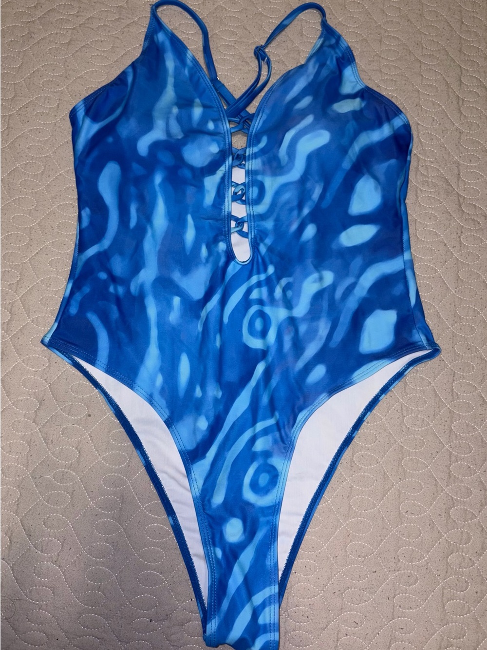 Blue One-Piece Swimsuit with Lace-Up Front and High Cut